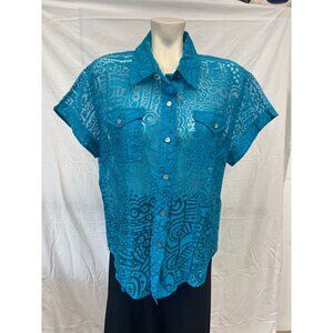 Chicos Womens Sheer Teal Abstract Button Up Blouse Size 2 Short Sleeve Pockets